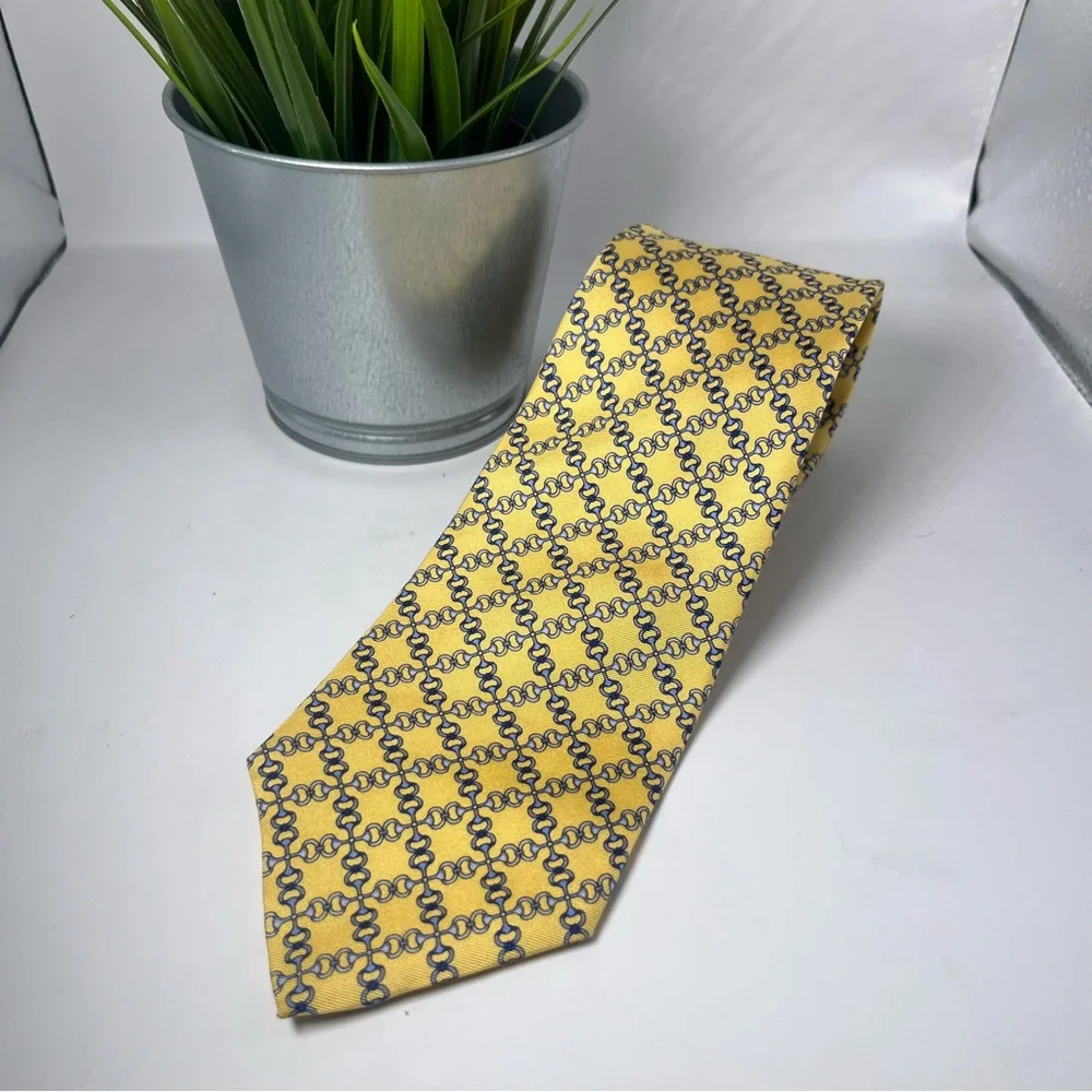 Brooks Brothers “346” Men’s Silk Tie‎ Yellow with Blue Horse Bits/Buckles Preppy